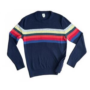 Vintage GAP Men's Navy Blue Sweater with Multicolor Stripes